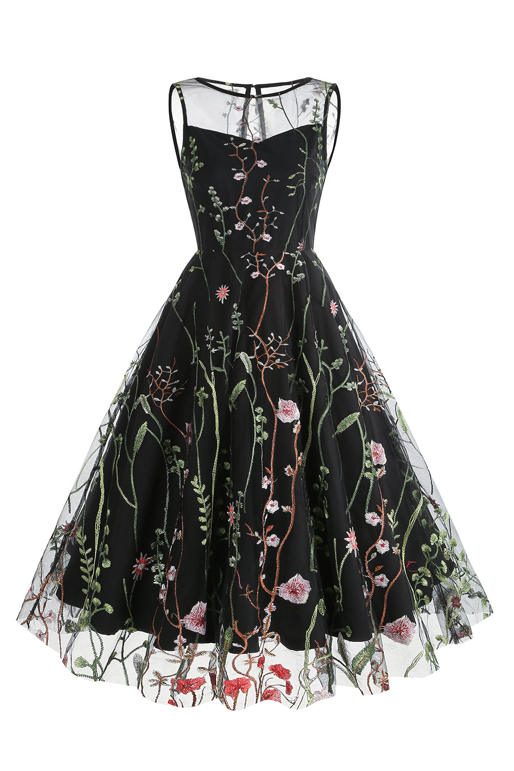 Negro Escote A Vintage Vestido con bordados