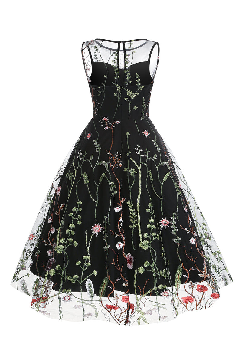 Cargar imagen en el visor de la galería, Negro Escote A Vintage Vestido con bordados