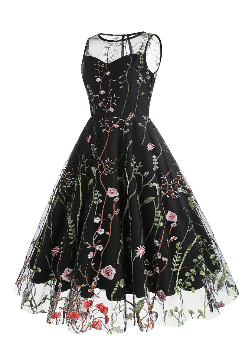 Cargar imagen en el visor de la galería, Negro Escote A Vintage Vestido con bordados