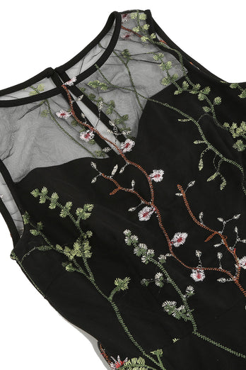 Negro Escote A Vintage Vestido con bordados