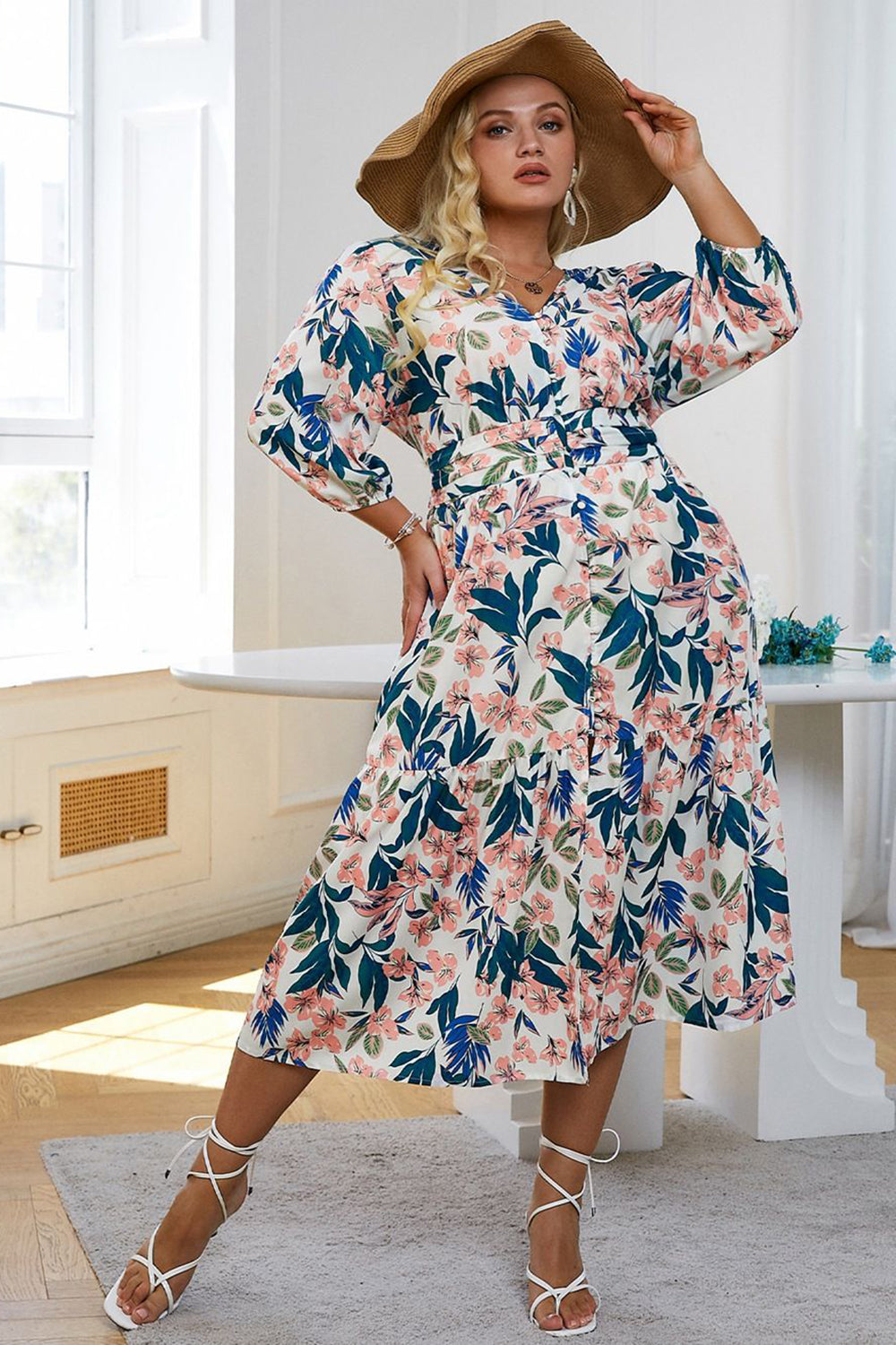 Flor Azul Manga Larga Vestido Casual