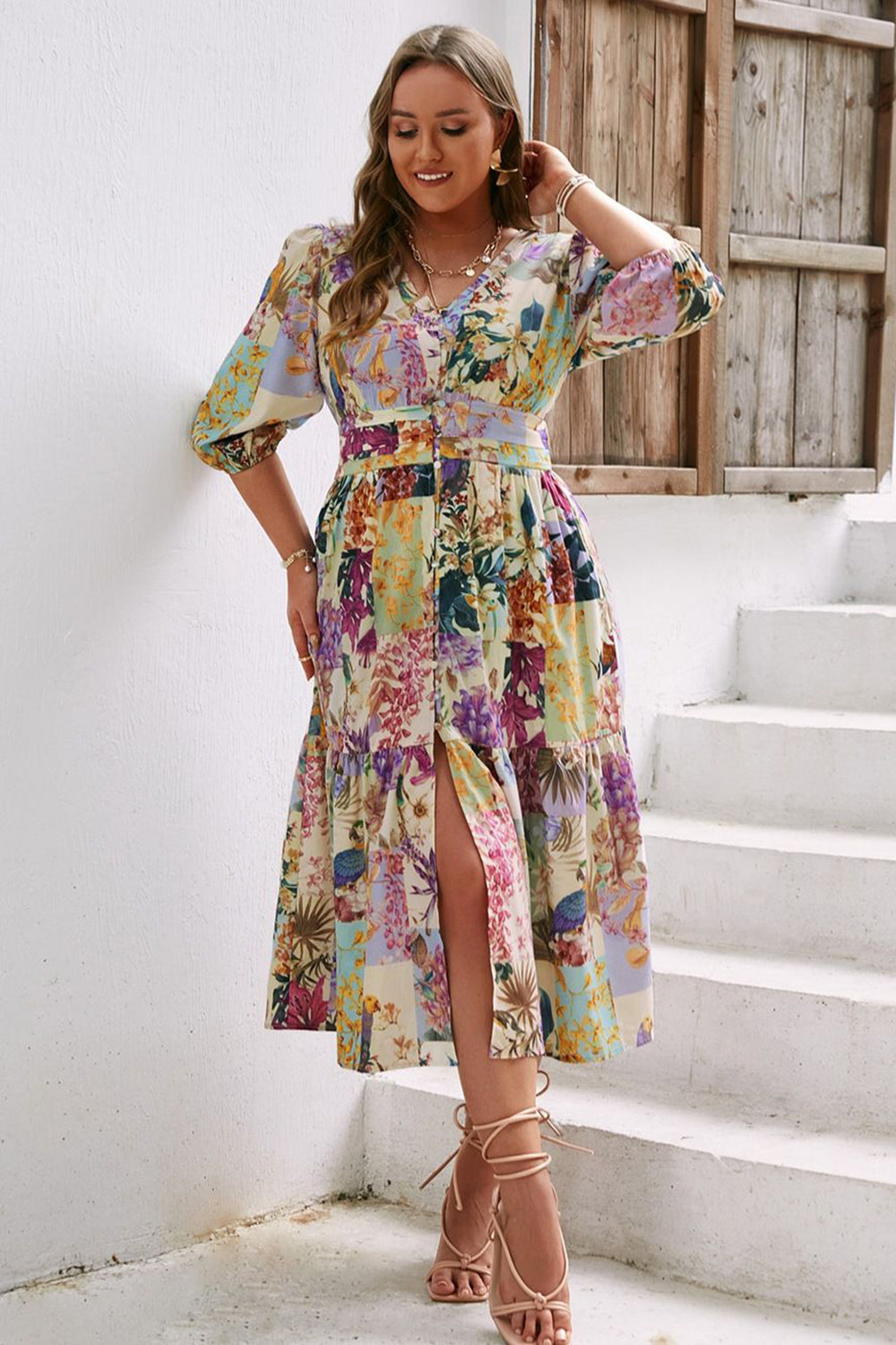 Flor Azul Manga Larga Vestido Casual