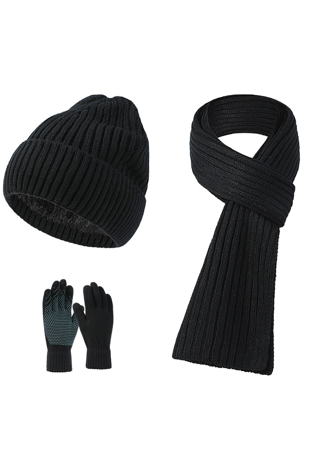 Guantes sombrero bufanda de punto negro 3 piezas