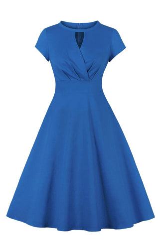 Vestido Azul de La Década de 1950 Mangas Cortas