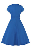 Vestido Azul de La Década de 1950 Mangas Cortas