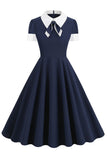 1950s Vestido Azul Marino A Línea