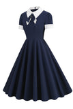 1950s Vestido Azul Marino A Línea
