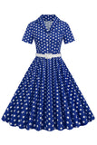 Cuello en V Azul Lunares 1950s Vestido