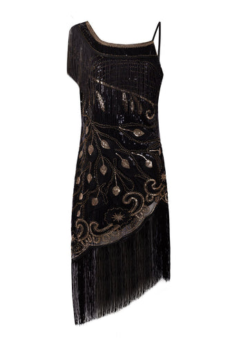Vestido de 1920 Con Flecos Negro Un Hombro