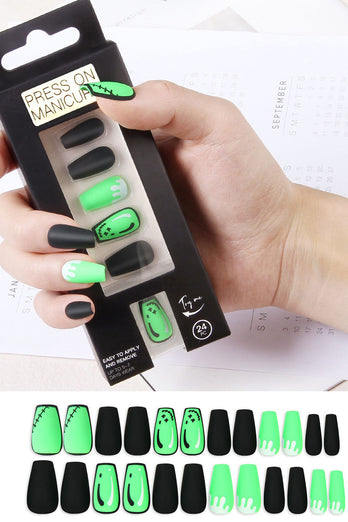 Negro Verde 24 PC Presione Sobre Uñas Uñas Falsas Uñas Cortas Cubiertas Completas Uñas Falsas con Pegamento