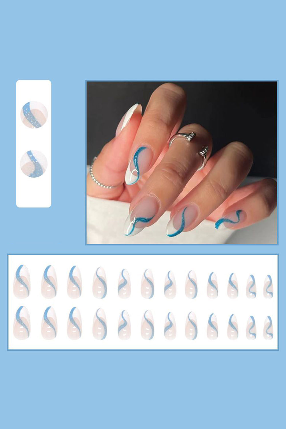 24 Pcs Blue Press On Nails Transparent False Nail