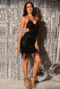 Cargar imagen en el visor de la galería, Sparkly Halter Backless Selents Black Short Homecoming Dress con flecos