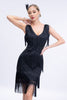 Cargar imagen en el visor de la galería, V-Neck Black Beaded Roaring 20s Gatsby Fringed Flapper Dress