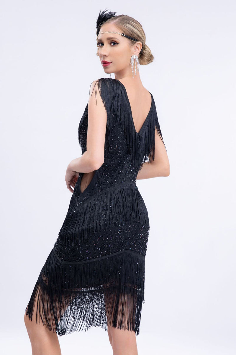 Cargar imagen en el visor de la galería, V-Neck Black Beaded Roaring 20s Gatsby Fringed Flapper Dress