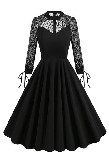 Negro Una línea Mangas largas Vestido de la década de 1950 con encaje