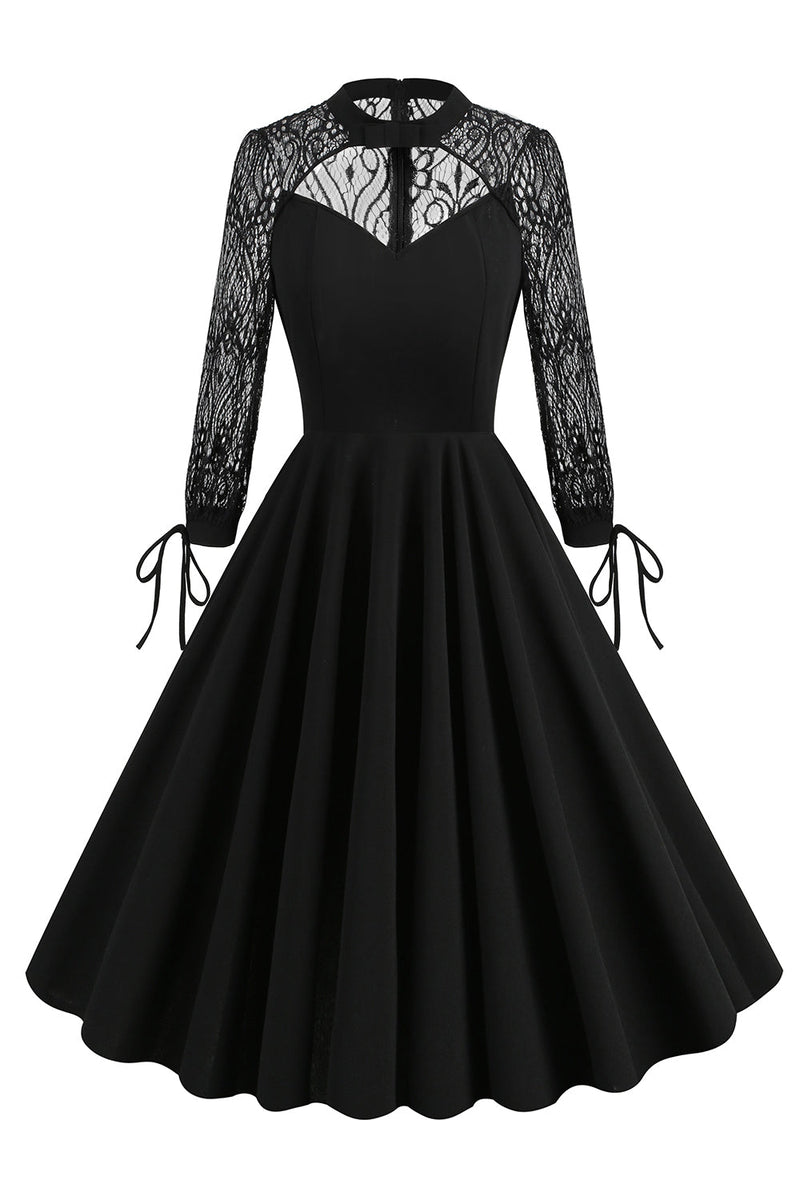 Cargar imagen en el visor de la galería, Negro Una línea Mangas largas Vestido de la década de 1950 con encaje