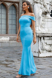 Satin Mermaid Off The Shoulder Blue Prom Dress
