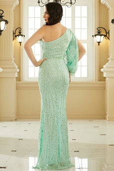 Sparkly One Shoulder Green Long Prom Dress con frente dividido