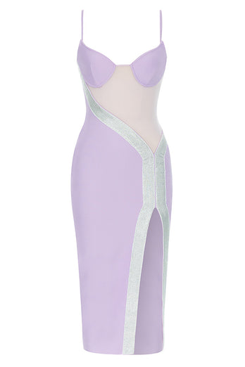 Vestido de cóctel Lilac Bodycon Glitter con frente dividido