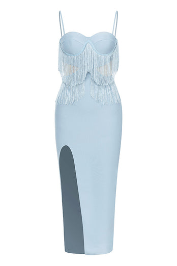 Vestido de cóctel de vaina de vaina azul claro con borla
