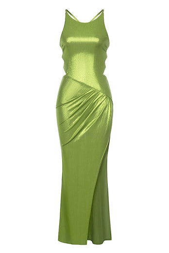 Vestido de cóctel verde sin mangas con cordones en la espalda con hendidura