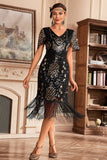 Vestido negro de champange con escote en V con flecos de Gatsby de la década de 1920 con lentejuelas