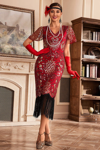Vestido rojo de Gatsby con flecos en V de la década de 20 con lentejuelas