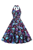 Halloween Black Halter Pumpkin Vestido impreso de la década de 1950