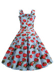 Strawbarries estampado azul sin mangas vestido de la década de 1950