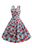 Strawbarries estampado azul sin mangas vestido de la década de 1950