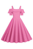 Cold Shoulder Polka Dots Pink 1950s Vestido