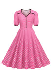 Manga corta rosa Polka Dots Vestido de la década de 1950