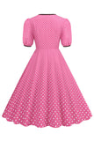 Manga corta rosa Polka Dots Vestido de la década de 1950