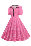Manga corta rosa Polka Dots Vestido de la década de 1950