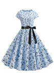 Mangas de gorra estampada azul claro Vestido de la década de 1950