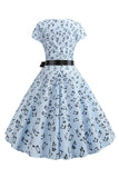 Mangas de gorra estampada azul claro Vestido de la década de 1950