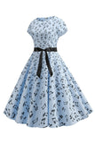 Mangas de gorra estampada azul claro Vestido de la década de 1950