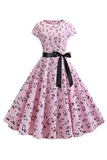 Mangas de gorra estampada azul claro Vestido de la década de 1950
