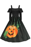 Calabaza de Halloween estampada negro hombro frío vestido VIntage