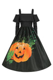 Calabaza de Halloween estampada negro hombro frío vestido VIntage