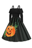 Calabaza de Halloween estampada negro hombro frío vestido VIntage