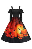 Calabaza de Halloween estampada negro hombro frío vestido VIntage
