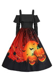 Calabaza de Halloween estampada negro hombro frío vestido VIntage