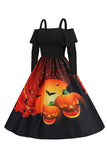 Calabaza de Halloween estampada negro hombro frío vestido VIntage