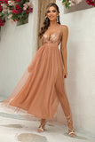 Fucsia Deep V Neck Una línea Sparkly Long Prom Dress con hendidura