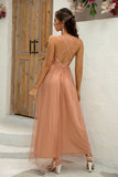 Fucsia Deep V Neck Una línea Sparkly Long Prom Dress con hendidura