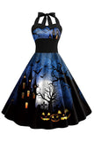 Vestido vintage halter azul estampado de Halloween