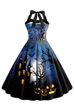 Vestido vintage halter azul estampado de Halloween