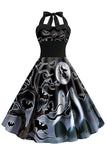 Vestido vintage halter azul estampado de Halloween