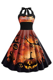 Vestido vintage halter azul estampado de Halloween